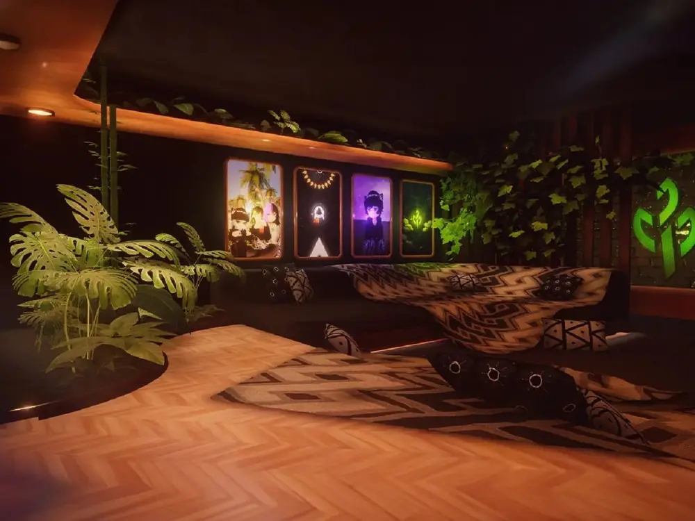 Room with plants and glowing pictures
