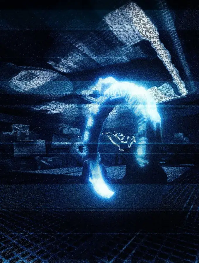 A figure wrapped in a ring of blue light, rendered as halftone